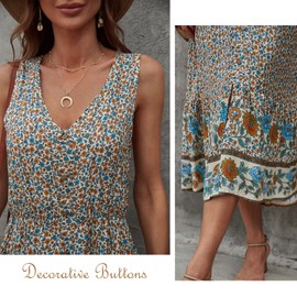 BROVAVE Women Summer Bohemian Floral Print V Neck Sleeveless Sundress with Pockets Button Down Midi Dress (White, L)