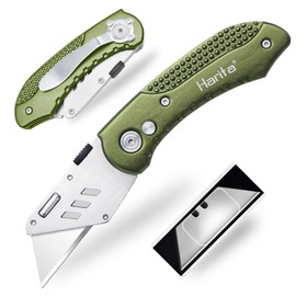 Box Cutter Heavy Duty Utility Knife, Razor Knife, Lightweight Aluminum Handle, Back-lock Mechanism, Stainless Belt Clip, for Carpet, Carton, Box, Cardboard, with 5-piece Extra Blades, Olive Green