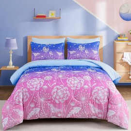 Menghomeus Girls Comforter Set Queen Size 7 Pieces Bed in A Bag Ombre Blue Pink Bedding Set Dandelion Butterfly Print Kids Bedding Collections