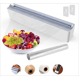 Magnetic Cling Film Dispenser and Cutter - Quasziwa Upgrade Refillable Aluminum Tin Foil Dispenser with Cutter Wall Mounted, Kitchen Plastic Wrap Organizer for Drawer, 1X12" Cling Wrap Included, Grey