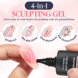 Luckyfairy 3D Gel Nail Art: 4 in 1 No Wipe Clear Sculpting Gel Nail Glue for Molding, Drawing, Chrome Powder and Rhinestone Decoration, DIY at Home, Lamp Curing Needed