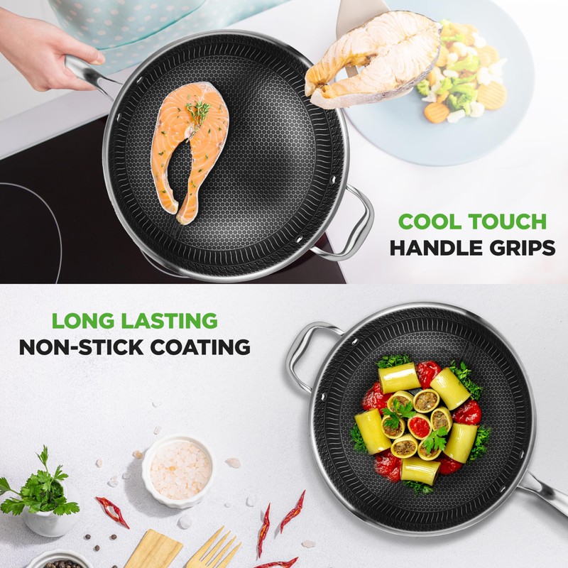 NutriChef 12" Stainless Steel Wok - Induction ready, Non Stick