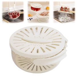 TemApex Fruit Strainer, Fruit Washing Bowl, Rotate The Cover of The Switch, Collapsible Handle, For Fruit Cleaning, Vegetable Cleaning, Suitable for Refrigerator/Picnic Storage (White)