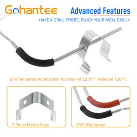 Gohantee 2-Pack Grill Probes Replacement for Weber Igrill 2, Igrill Mini, Igrill 3 with 2 Probe Clip Holders, Igrill Replacement Probe Temperature Probe (Red/Black)