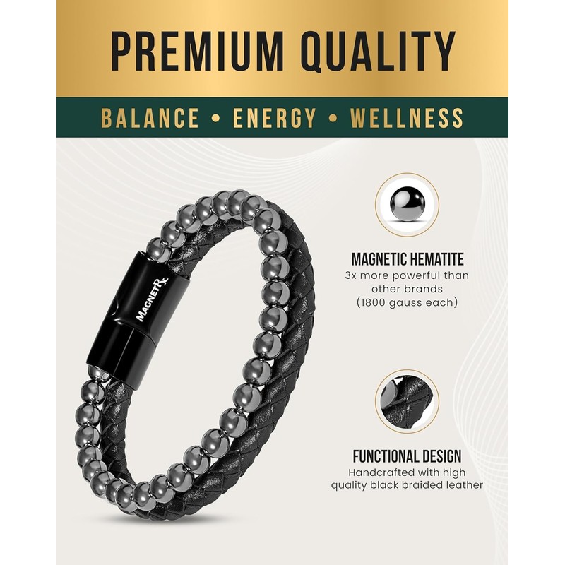 MagnetRX® Hematite & Leather Magnetic Bracelet - MAX Strength Natural