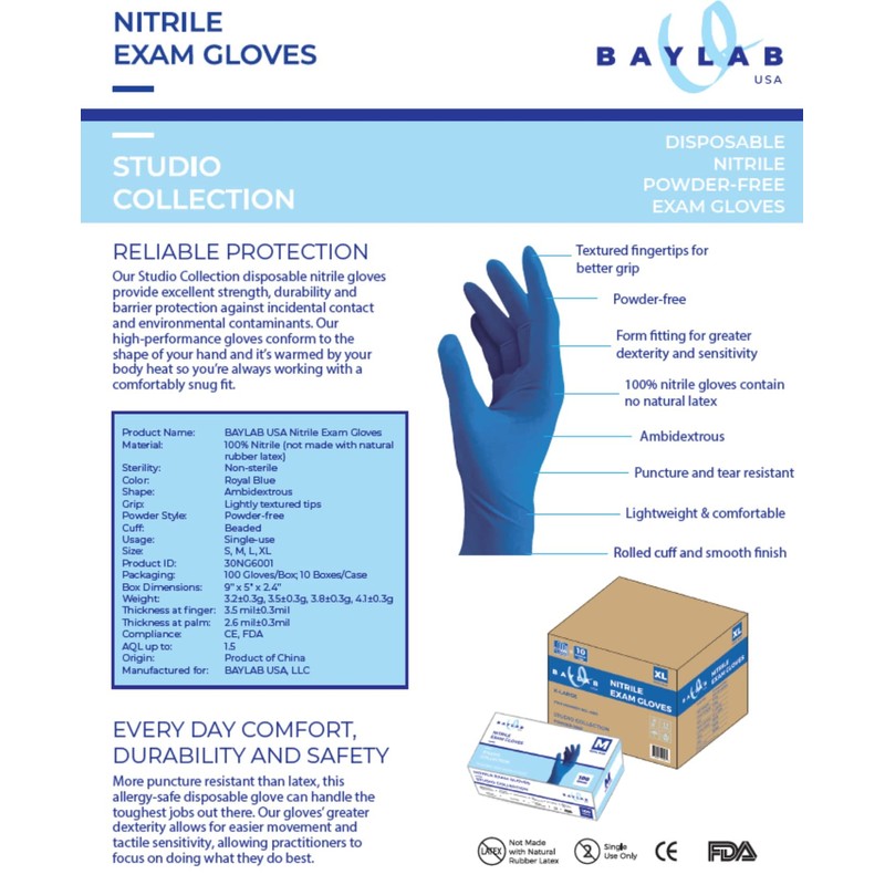 BAYLAB USA Powder Free Nitrile Exam Gloves, Large, Blue, Pack