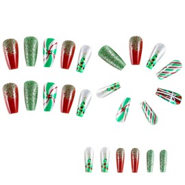 Christmas Press on Nails Coffin Medlium Fake Nails with Glitter Stripe Christmas Tree Designs Glossy Glue on Nails Red Acrylic Nails Green False Nails Artificial Stick on Nails for Women 24Pcs