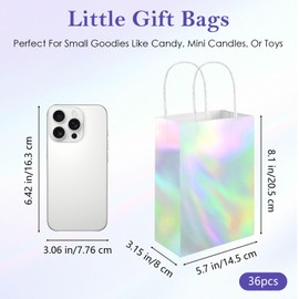 36 Pcs Glossy Iridescent Gift Bags, Holographic Party Favor Bags with Handle, Small Iridescent Gift Bag with Tissue, Party Treat, Glitter Paper Goodies Bag for Wedding Birthday(8.3 x 5.9 x 3.1 Inch)