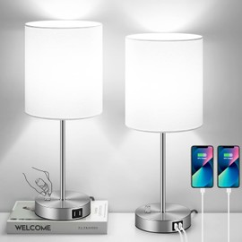 Set of 2 Table Lamps with USB Ports, White Bedside Lamps with AC Outlet, Modern Nightstand Lamps with Rotary Switch, Minimalist Desk Lamp with Fabric Shade for Bedroom Living Room Office Reading