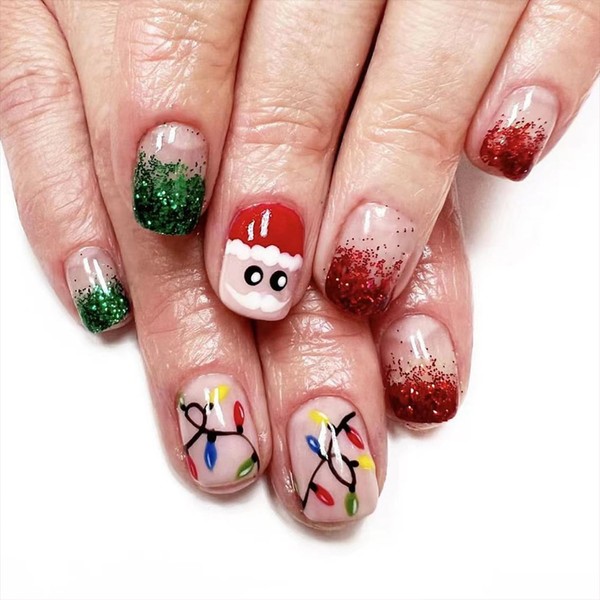 Christmas Press on Nails Short Red Green French Tip Fake