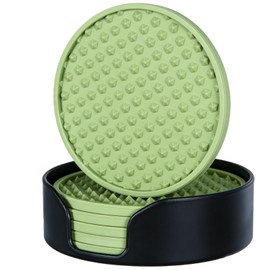 6-Piece Silicone Coasters Set with Holder, Premium Drink Pads, Non-Slip Cup Mats, Heat-Resistant Coasters for Beverages for Kitchen, Coffee Bar, Desk & Bar Use (Green)