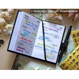 Pocket Calendar 2024, A7 with Ballpoint Pen and Holder, in Leather Look, Diary 2024, with Pen Timer incl. Yearly Calendar and Week to View (Black)