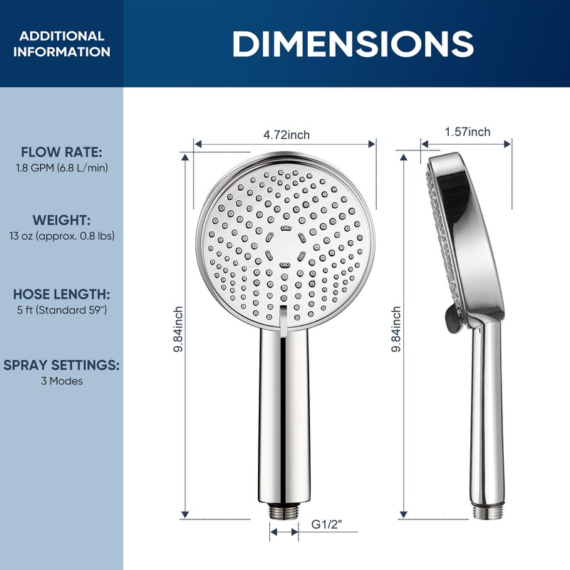 Cobbe® All Metal Handheld Shower Head, 3 Spray Settings, Mirror