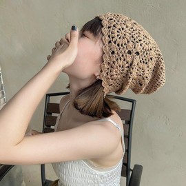 VPbao Handmade Crochet Slouchy Beanie Hat Lightweight Knit Cotton Floral Summer Skull Cap Stretchy Cutout Boho Hats for Girls Women Vintage Winter Soft Comfortable Baggy Chemo Hat Khaki