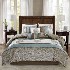 Madison Park Comforter Faux Silk-Traditional Luxurious Jacquard Design All Season Set, Matching Bed Skirt, Decorative Pillows, Queen(90"x90"), Blue