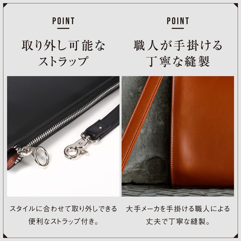 MURA Clutch Bag, Men's, Genuine Leather, Cordovan Style, L-Shaped Zipper,