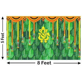 Decorative Backdrop Cloth Ganesha & Marigold Design Backdrop Curtain Cloth Hanging on Wall for Indian Traditional Background Pooja Diwali Decoration (Size:-96"X60")(Multicolour)