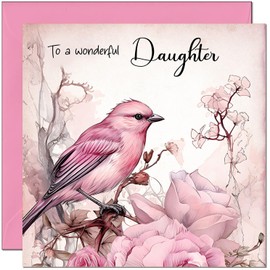Special Daughter Pink Birthday Card Ladies - Pink Bird Tree Floral Design Female Birthday Cards for Daughter
