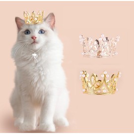 2Pcs Pet Birthday Party Crown for Small Dog with Adjustable Strap Hat Rhinestone Faux Pearl Crown for Birthday Party (Gold+Rose Gold, One Size)
