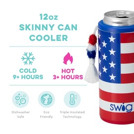Swig Life Skinny Can Cooler, 12oz Insulated Slim Can Holder, Stainless Steel Can Cooler, Can Covers for Tall Beer Bottles, Beach Accessories for Women (All American)