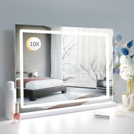 LilyHome Makeup Vanity Mirror with Lights, 31.5"x 23.6" Large LED Lighted Mirror with 10X Magnification and USB Charging Port, Smart Touch 3 Colors Dimmable, Touch Control for Bedroom, White