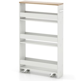 IFANNY Slim Rolling Cart, 4-Tier Storage Cart with Handle, Spice Rack on Wheels Next to Fridge, Laundry Room Cart Between Washer and Dryer, Narrow Kitchen Cart for Small Spaces (White & Natural)