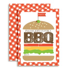 Amanda Creation Hamburger Backyard BBQ Party Fill in Invitations Set of 20 with envelopes. Perfect for Summer Parties, Graduation, Family reunions, barbeques and More