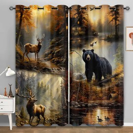 LUVIVIHOME Rustic Cabin Blackout Curtains, Deer Moose Black Bear Curtains for Bedroom, Forest Animal Wildlife Mallard Duck Country Farmhouse Hunting Room Decor Window Curtains 2 Panel Sets, 52x84 Inch