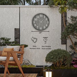Clockswise 18" Battery Operated Indoor & Outdoor Waterproof Wall Clock Large Decorative Timepiece Easy-to-Read Modern Design for Patio Pool Garden Porch Balcony Bathroom Kitchen & Home Decor, Gray