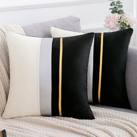 Black Cushion Covers 18x18 Velvet Soft Decorative Square Throw Pillow Case with Gold Striped Leather Modern Cozy Pillowcase for Sofa Couch Bedroom Living Room Outdoor Home Decor, 45cmx45cm