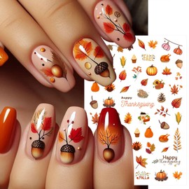 6 Sheets Fall Nail Stickers for Nail Art Autumn Thanksgiving Nail Decals 3D Self-Adhesive Maple Leaf Turkey Pumpkin Nail Decoration Pine Cone Pumpkin Pie Maple Leaves Nail Art Stickers for Women