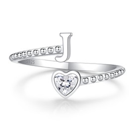 Step Forward Letter J Heart Initial Ring for Women - Adjustable 925 Sterling Silver Cute Alphabet Rings Name Jewelry for BBF - Mother Day Christmas Anniversary Birthday Thanksgiving Gifts