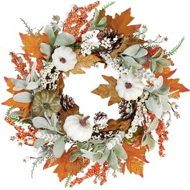 Sggvecsy Fall Wreath 20’’ Autumn Front Door Wreath Harvest Wreath with Pumpkins Lambs Ear Grain Cluster of Berries Maple Leaves Pine Cones for Outside Indoor Wall Festival Thanksgiving Autumn Decor