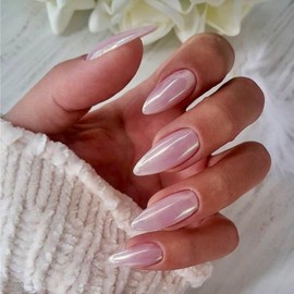 Baby Pink Chrome Press on Nails Medium Almond,KQueenest Iridescent Stiletto Fake Nails with Designs,Glossy Glue on Nails with Mirror Effect,Pearlescent Acrylic Nails for Women Girls 24Pcs