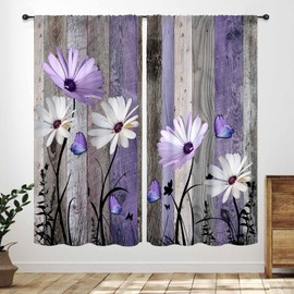 Cortinas de cocina de margaritas, fondo rústico retro, diseño de tablón, flores moradas, mariposas, campo, cortinas de granero, tratamiento para recámara, sala de estar, baño, ventana de 21 pulgadas