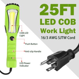 EP 25 Ft LED Work Light, 1200 Lumen COB LED Trouble Light - 16 Gauge SJTW Indoor Outdoor Extension Cord, Handheld, Magnetic Base, Rotatable Hanging Hook - Green