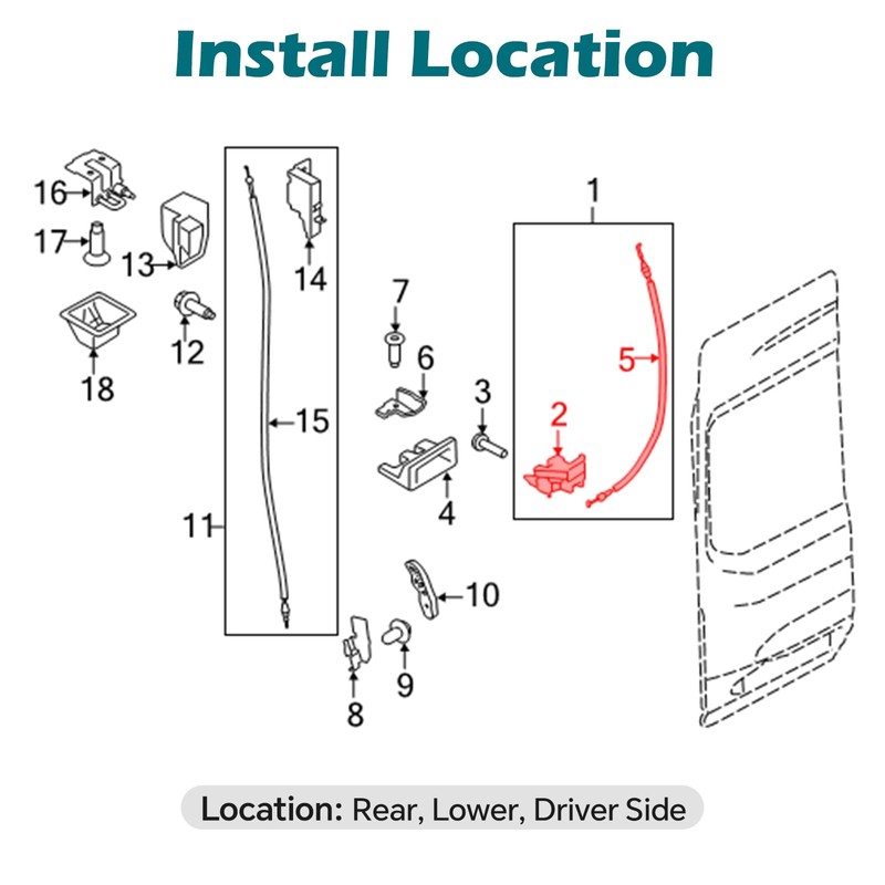 Rear Door Lower Latch Lock with Release Control Cable Assembly