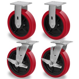 Syrantion 8 Inch Polyurethane Tread Caster Wheels   Heavy Duty,Capacity 1200-4800LB - 2 Brake & 2 Rigid