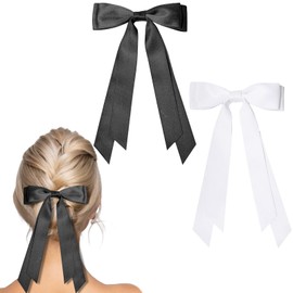 Leogony 2 PCS Hair Bows Clip, Black White Hair Ribbons with Long Silky Satin for Girls Women