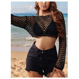 BEAUDRM Women's Sheer Crochet Hollow Out Cover Up Crop Tops Long Sleeve Crew Neck Loose Knitted Swimwear Coverups, Black, Large