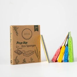 ARYA. | Pop-Up Eco Sponges 24 Pack | Natural Cellulose | Compostable & Biodegradable | Compressed Kitchen & Bathroom Sponges | Plastic-Free & Non-Scratch (24)