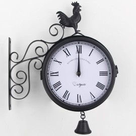 Amazlife Garden Wrought Iron Wall Clock, Outdoor Double-Sided Rooster Design Wall Hanging Clock with Bell, Vintage Roman Wall Clock for Garden Home Decoration (Black)