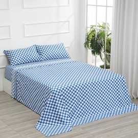 Bed Sheet Set 4 Piece -Full Size-Soft Durable Microfiber Bedding Sheet Set,Deep Pocket,Stain,Fade & Wrinkle Resistant Blue and White Checkerboard Grid(Plaid Blue&White)