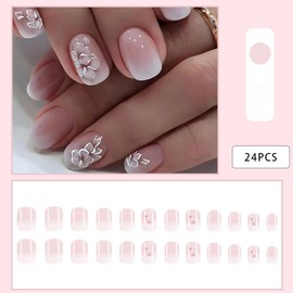 Short Fake Nails，Glue On Nails Short， Short Nails Press On, Press On Nails Short Square Acrylic False Nails with Gradient Flowers Press ons Designs Artificial Nails Stick on Nails for Women 24Pcs
