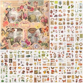 Auguro 500 Pieces (100 Sheets) Vintage Scrapbook Stickers Transparent Stickers for Journaling Scrapbooking Supplies Butterfly Flowers Plant Stickers Kit Stationery Stickers