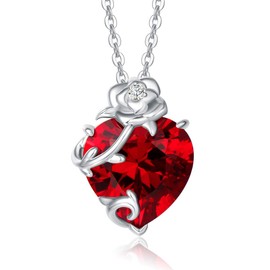 FANCIME Heart Rose Garnet Birthstone Necklace for Women, Sterling Silver January Birthstone Pendent Necklace, Birthday Mother's Day Christmas Gifts Jewellery for Women Girls Wife