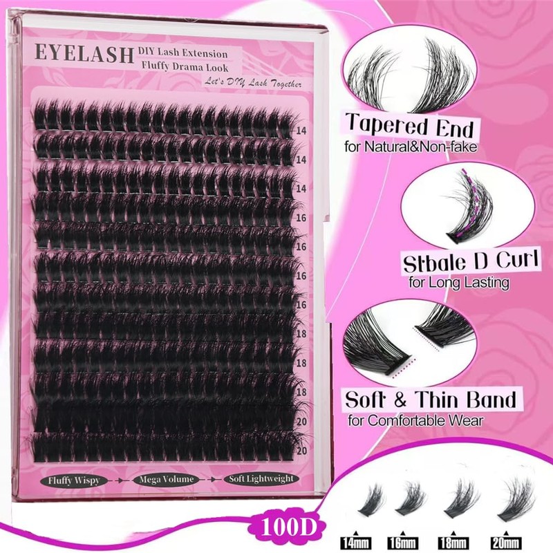 Wispy Eyelash Cluster Set, 100D Cluster Eyelashes DIY Eyelash Extension