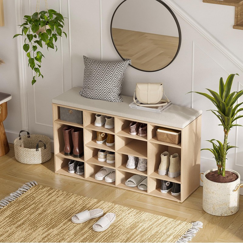 DINZI LVJ Shoe Storage Bench with Cushion, 16-Cubby Shoe Rack,