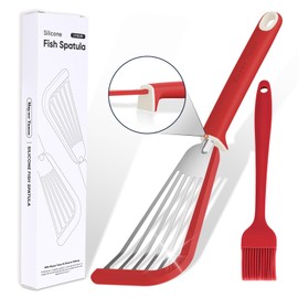 Maywe Tanso Fish Spatula,600℉ Heat Resistant Silicone Fish Spatula with Basting Brush,for Nonstick Cookware,Flexible Slotted Fish Turner Spatula,BPA Free,Dishwasher Safe(Red)
