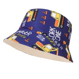 QKURT Kids Sun Hat, Summer Sun Protection Bucket Hat Reversible Beach Cap Fishing Hats, Fisherman Hats with Excavator Design for Outdoor Play for Boys 3-8 Years Old